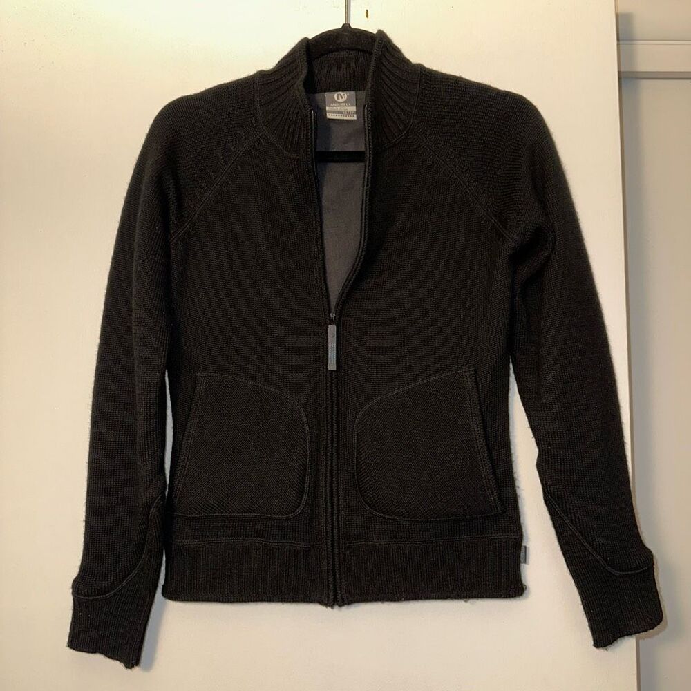 Merrell XS Knit Wool Blend Full Zipper Womens Sweater Solid Black Gently Worn